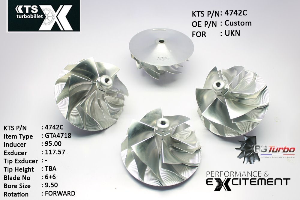 Turbo ROUE FORGÉE MFS PERFORMANCE - 6+6 PALES - INDUCER : 95 - EXDUCER : 117,57 - TYPE : GTA4718ANGLE : 75-90° - ROTATION : Forward - SUPER BACK : 8,08 - BORE SIZE : 9,5
